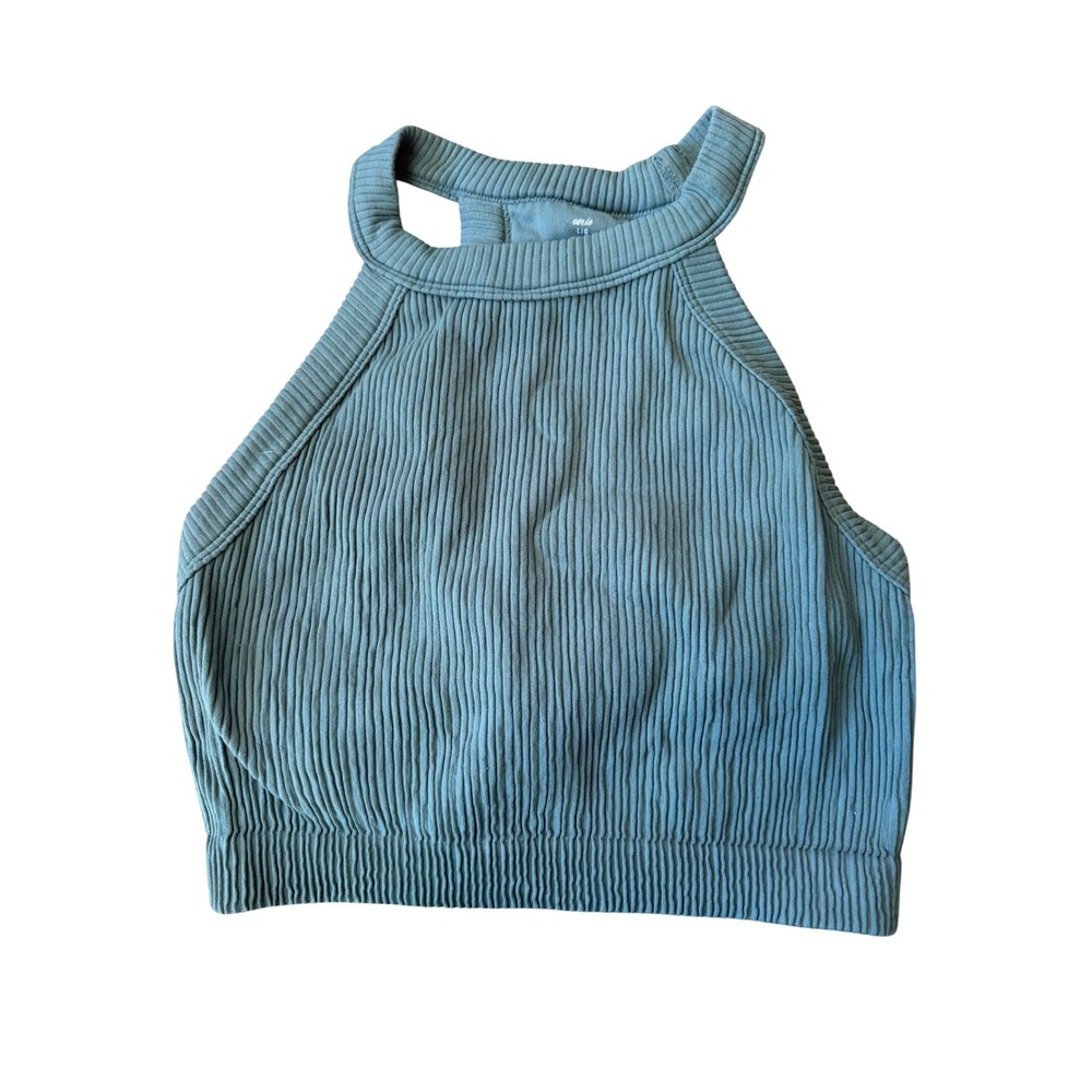 Aerie Real Good Ribbed High Neck Crop Top Teal Blue Sleeveless Tank L